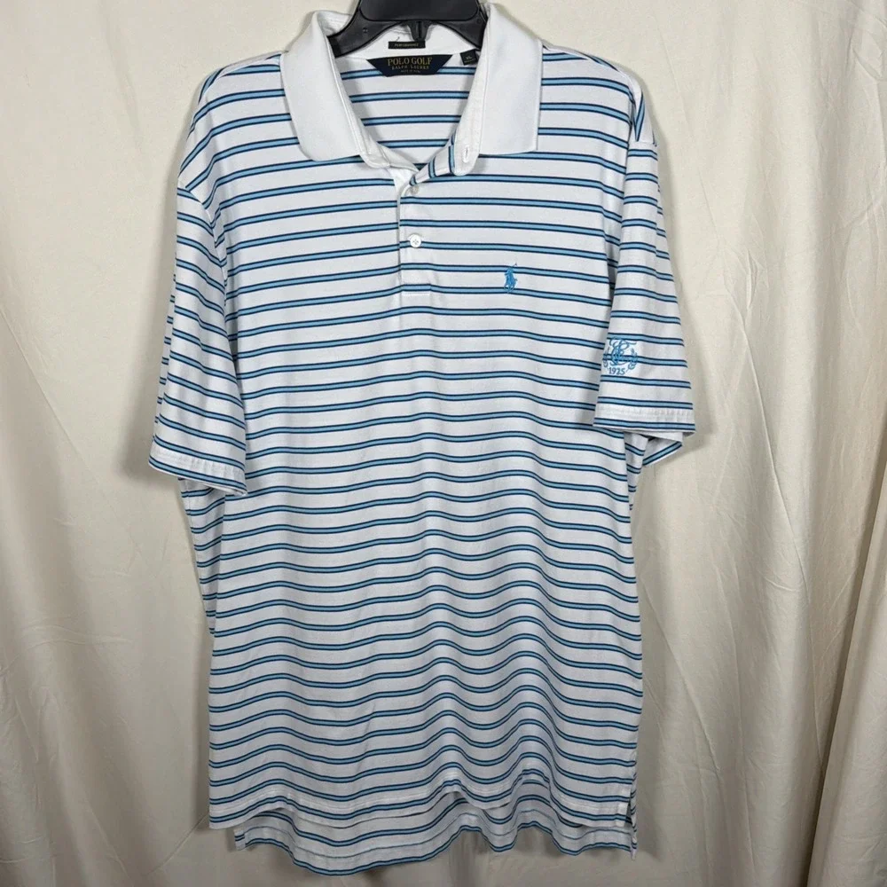 Polo Golf Ralph‎ Lauren Polo Shirt XL Blue White Stripe Performance Golf CC